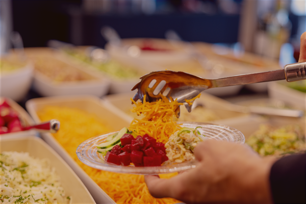 Salatteller mit Hand, Karotten, Rote Beete, Gurken, Salat